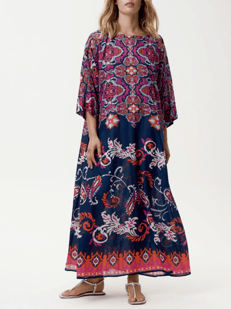 Oneseason 3/4 Sleeve Relaxed Fit Jackie Maxi Dress Navy and Pink Isola Print Oneseason One Season lightweight and stylish resort wear Australian fashion label official stockist Signature of Double Bay