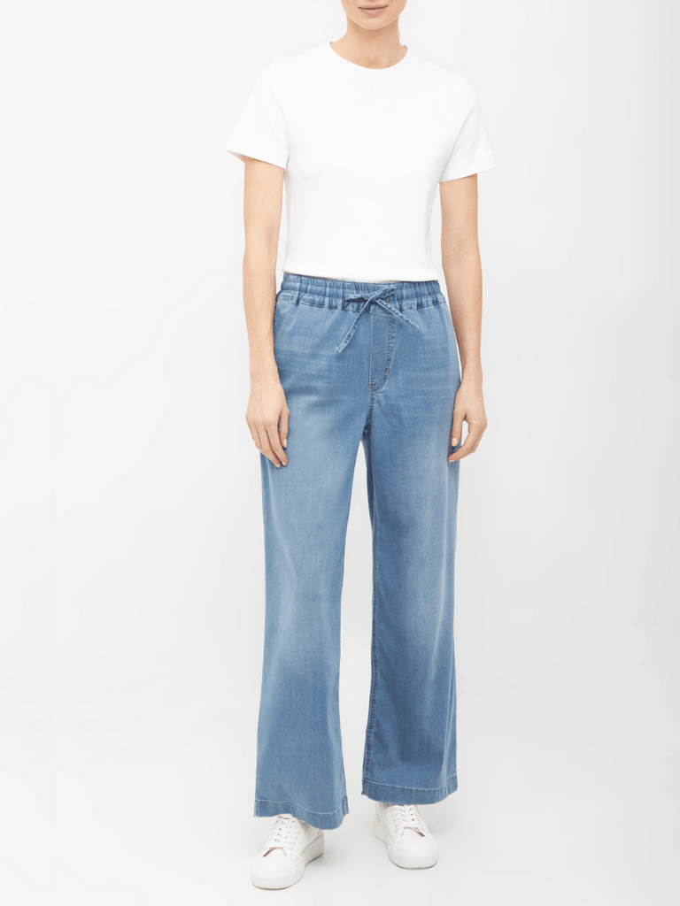 Raffaello Rossi Anjella Wide-Leg Super Soft Denim Pants in Light Blue chic jogging style pants officewear comfortable and elegant travel pant Raffaello Rossi Candy Pant online stockist Australia relaxed comfortable black drawstring pants online Australia Signature of Double Bay Raffaello Rossi Pants online