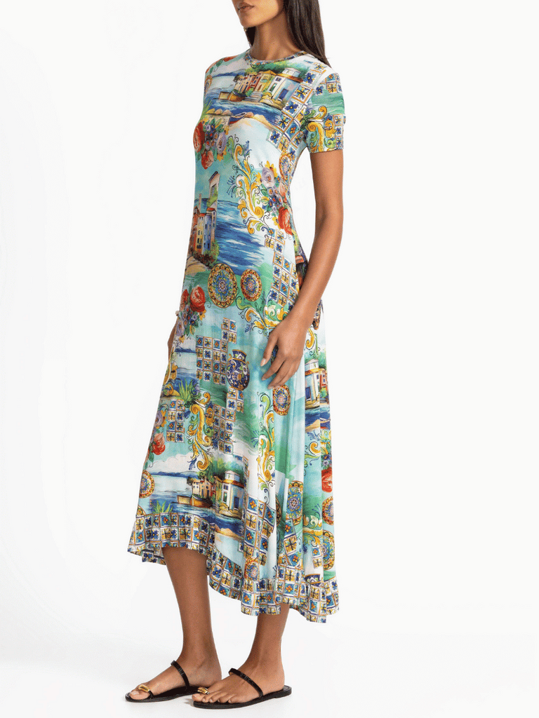 Johnny Was Janie Favourite Short Sleeve Asymmetric Hem Dress in Christy Print T38725-5 Shop Johnny Was Stockist Sydney Australia Boho Chic Clothing, Embroidered Dresses, and Unique Tops at Signature of Double Bay