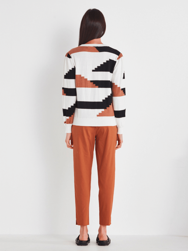 VERGE Long Sleeve V-Neck Wise Sweater in Multi Geometric Print 8702 Verge Stockist Online Australia Signature of Double Bay Mature Fashion Acrobat Flattering