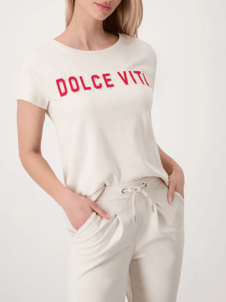 Monari Short Sleeve Relaxed Fit Dolce Vita Cotton T-Shirt in Seashell Beige 409705 Discover the Elegant Monari Collection at Signature of Double Bay, Shop Stylish Knitwear, Dresses, and Tops Online from Sydney's Premier Mature Fashion Boutique