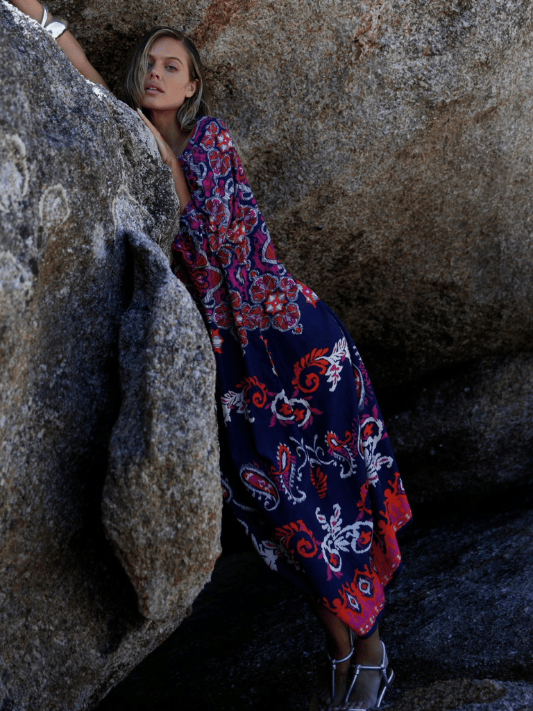 Oneseason 3/4 Sleeve Relaxed Fit Jackie Maxi Dress Navy and Pink Isola Print Oneseason One Season lightweight and stylish resort wear Australian fashion label official stockist Signature of Double Bay