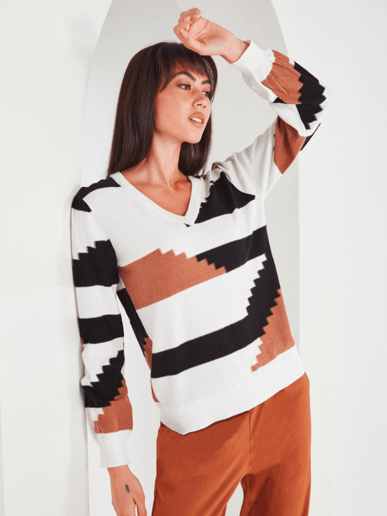 VERGE Long Sleeve V-Neck Wise Sweater in Multi Geometric Print 8702 Verge Stockist Online Australia Signature of Double Bay Mature Fashion Acrobat Flattering