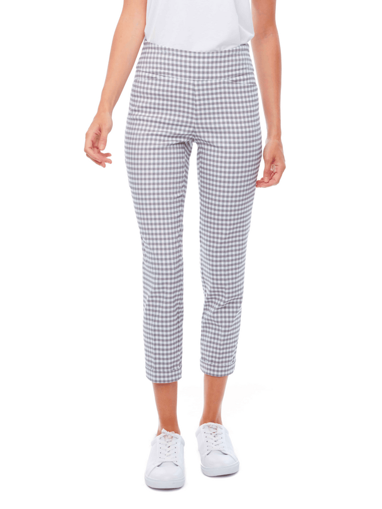 UP! PANTS 25" Cuffed Tummy Control Pant in mist grey and White Gingham 67734 Up Pants Tummy control stockist online Australia flattering body contouring shaping pants high rise waistband signature of double bay Sydney fashion