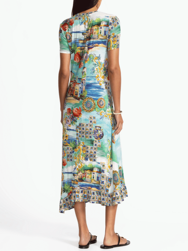 Johnny Was Janie Favourite Short Sleeve Asymmetric Hem Dress in Christy Print T38725-5 Shop Johnny Was Stockist Sydney Australia Boho Chic Clothing, Embroidered Dresses, and Unique Tops at Signature of Double Bay