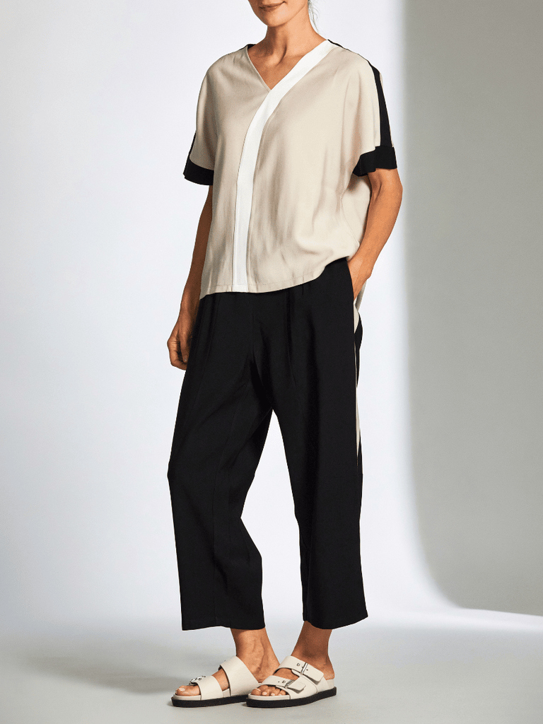 Peruzzi Slouch Ecru Side Stripe Trousers in Black 25162 shop peruzzi, peruzzi fashion, peruzzi stockists, peruzzi stockists australia, peruzzi sydney, peruzzi womens clothing