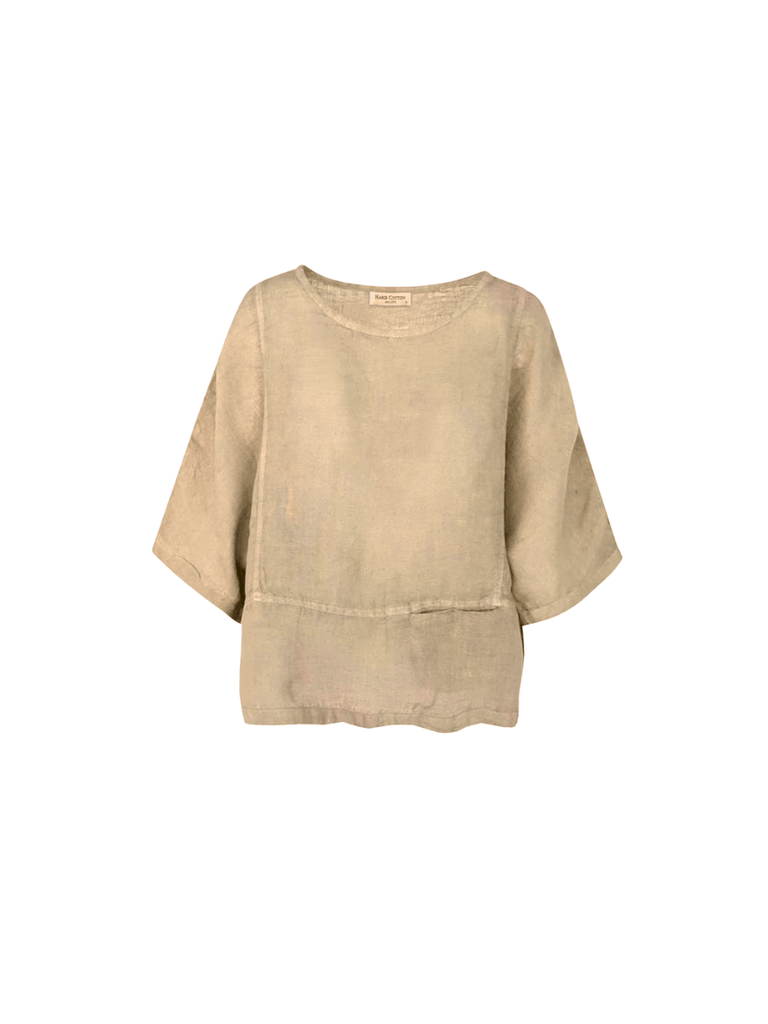 Haris Cotton Round Neck Linen Gauze Blouse with Batwing Sleeve in Beach Sand Shop Haris Cotton Australia – Elegant linen clothing and sustainable european women’s fashion at Signature of Double Bay Sydney online and instore. shop natural linen dresses, white linen clothing and summer linen outfits in Sydney