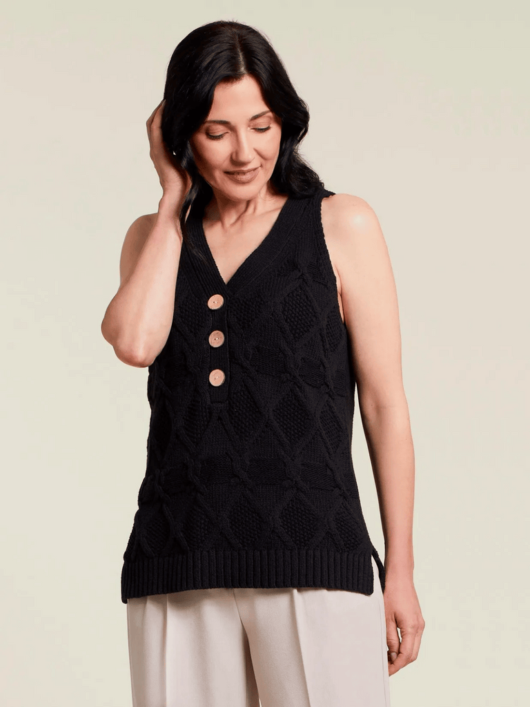 TRIBAL FASHION CANADA V Neck Longline Short Sleeve Cable Knit Sweater Vest in Black 3709 Official Tribal Fashion Canada Stockist Sydney Australia Online Buy Signature of Double Bay