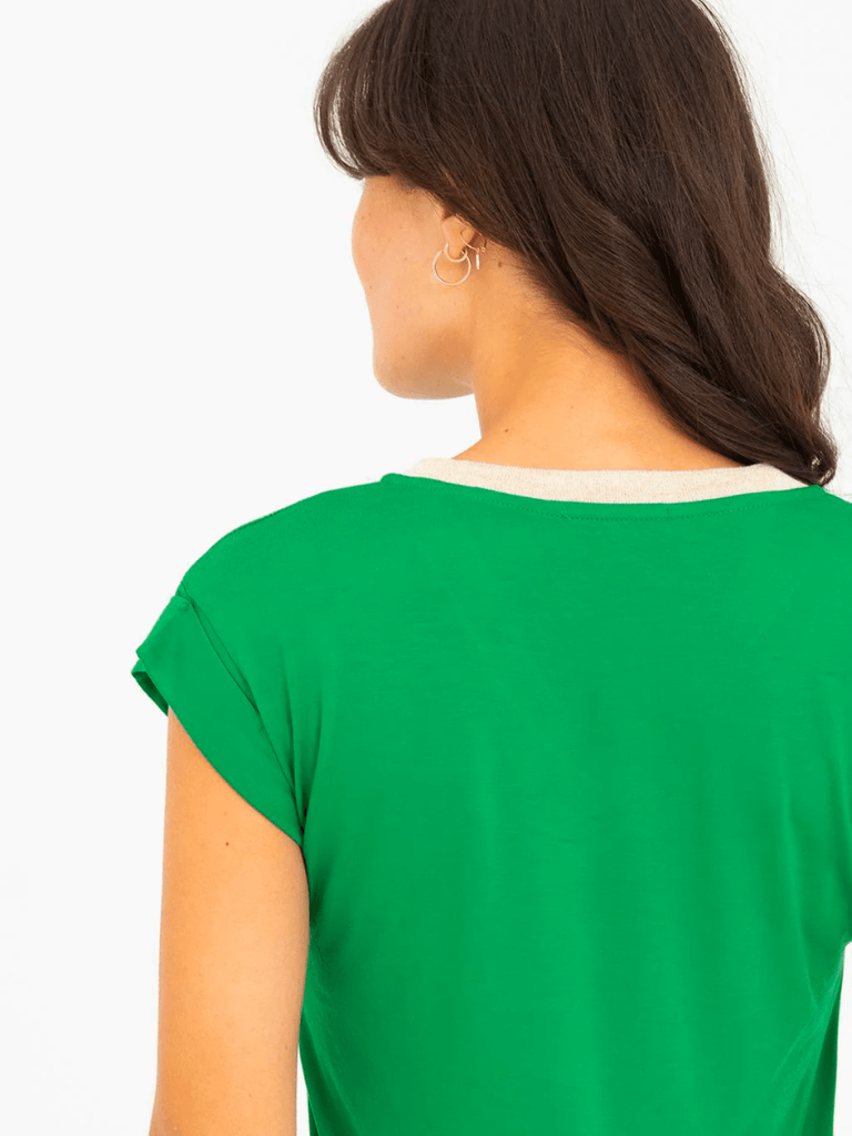 Tinta & Bariloche Antonila Printed Short Sleeve Knitted Shirt in Green and Cream Tinta and Bariloche online Australia Shop Tinta Bariloche shorts, dresses, tops online. Signature of Double Bay Fashion Tinta and Bariloche Online