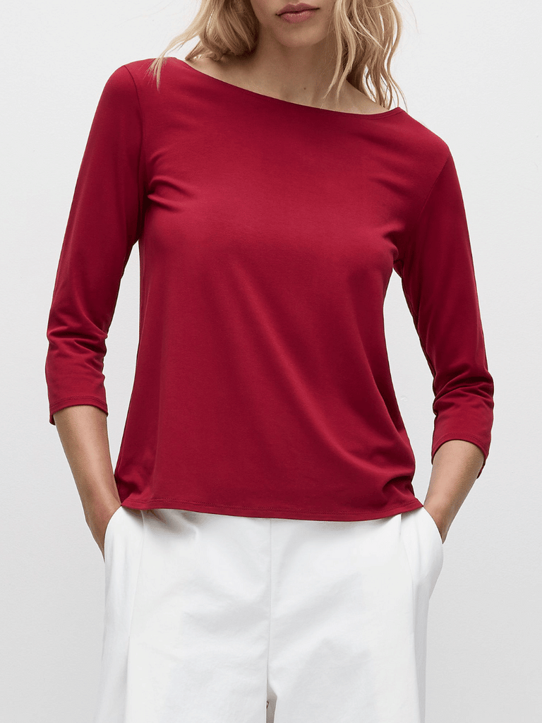 Mela Purdie 3/4 Sleeve Relaxed Boat Neck Top in Berry Red 2630 Mela Purdie Stockist Online Australia Signature of Double Bay Tops Dresses Elegant Clothing