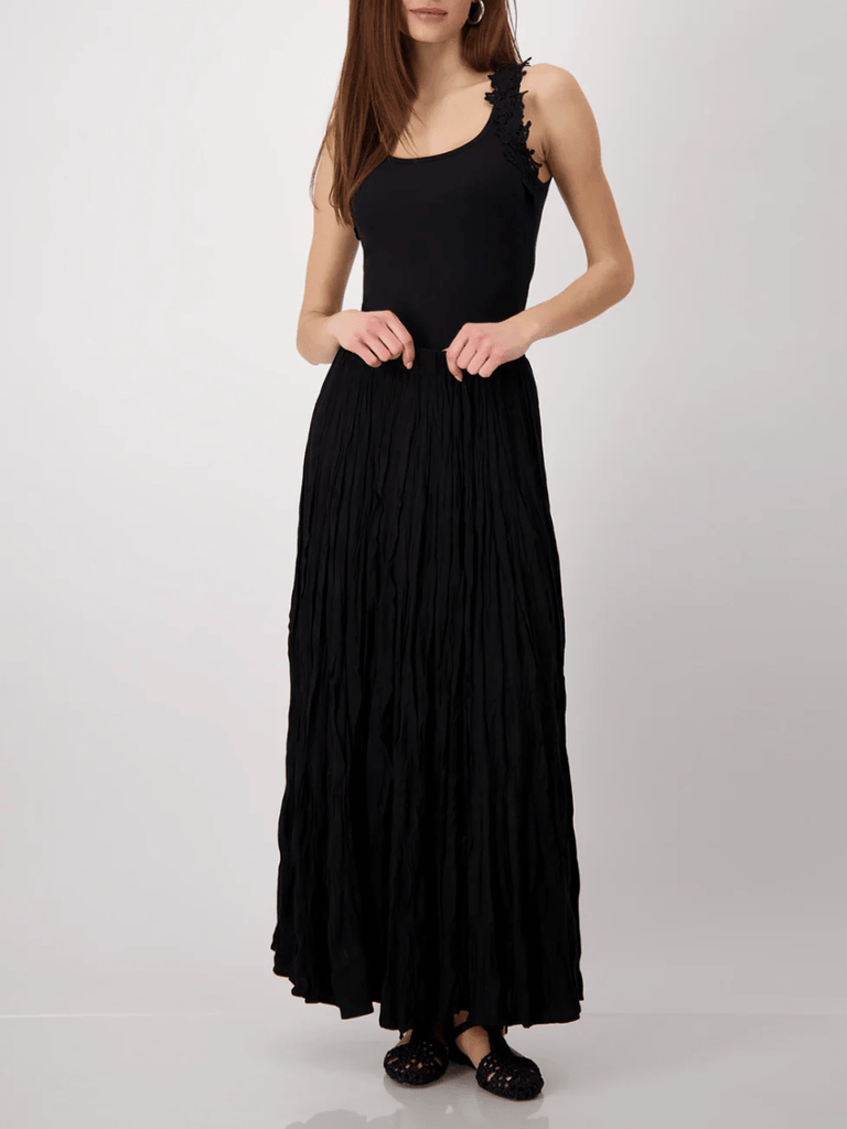 Monari Crushed Effect Elastic Waist Maxi Skirt in Black Discover the Elegant Monari Collection at Signature of Double Bay, Shop Stylish Knitwear, Dresses, and Tops Online from Sydney's Premier Mature Fashion Boutique