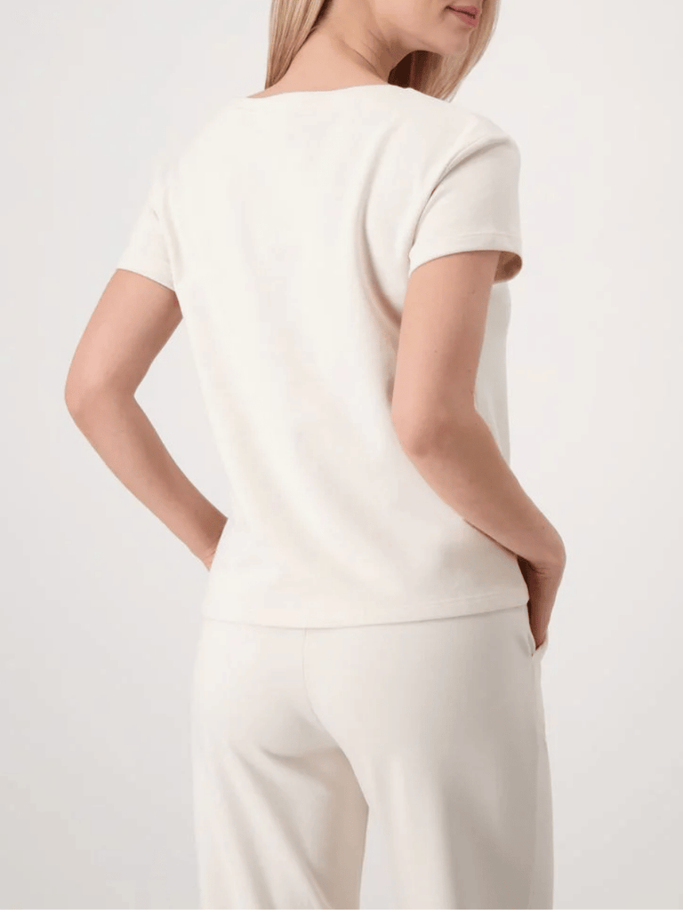 Monari Short Sleeve Relaxed Fit Dolce Vita Cotton T-Shirt in Seashell Beige 409705 Discover the Elegant Monari Collection at Signature of Double Bay, Shop Stylish Knitwear, Dresses, and Tops Online from Sydney's Premier Mature Fashion Boutique