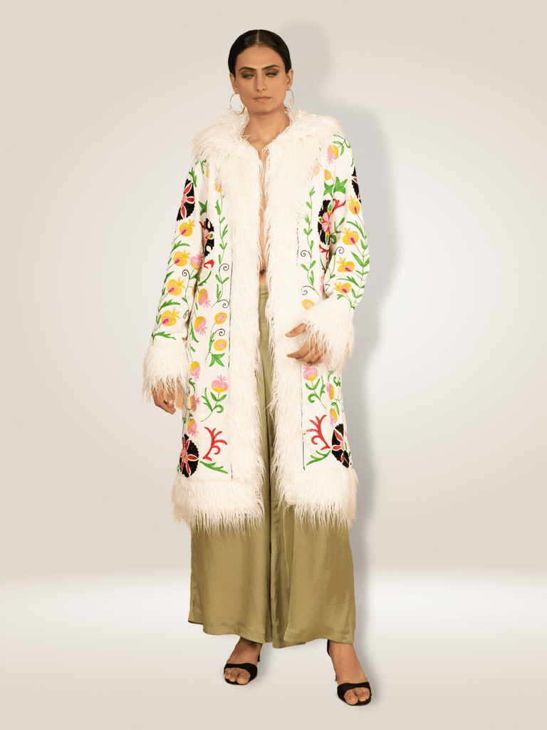Anannasa Sally Coat in White Velvet with Fur Trim and Floral Embroidery ANT569VC Shop Anannasa Lifestyle clothing at signature of double bay official stockist sydney Australia of sustainable and stylish fashion for mature women