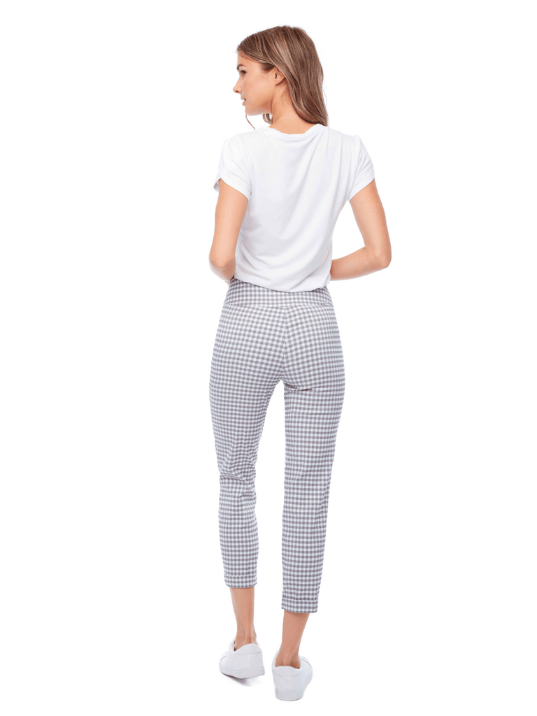 UP! PANTS 25" Cuffed Tummy Control Pant in mist grey and White Gingham 67734 Up Pants Tummy control stockist online Australia flattering body contouring shaping pants high rise waistband signature of double bay Sydney fashion