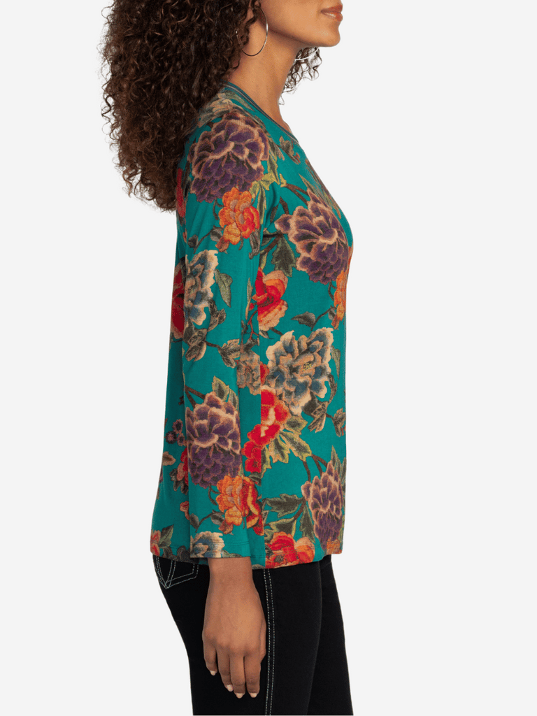 Johnny Was Janie Favourite Long Sleeve Crew Neck Tee in Zinnia Meadow Shop Johnny Was Stockist Sydney Australia Boho Chic Clothing, Embroidered Dresses, and Unique Tops at Signature of Double Bay