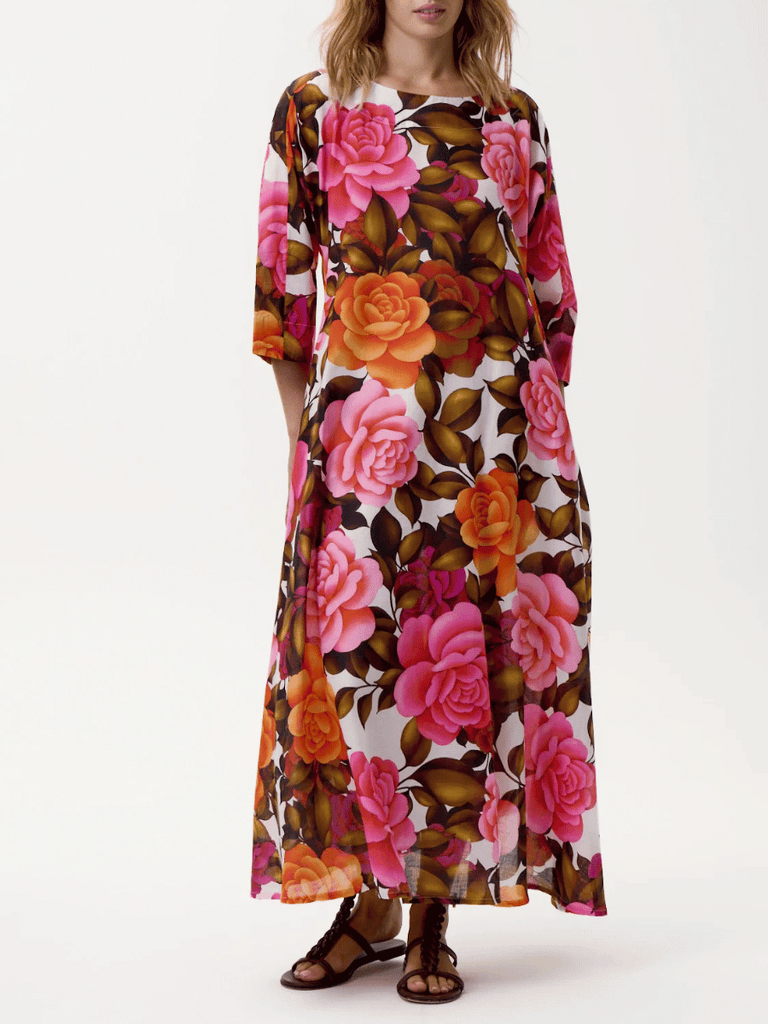 Oneseason Long Jackie Deia Cotton Roses Dress in Pink and Orange Floral Oneseason One Season lightweight and stylish resort wear Australian fashion label official stockist Signature of Double Bay
