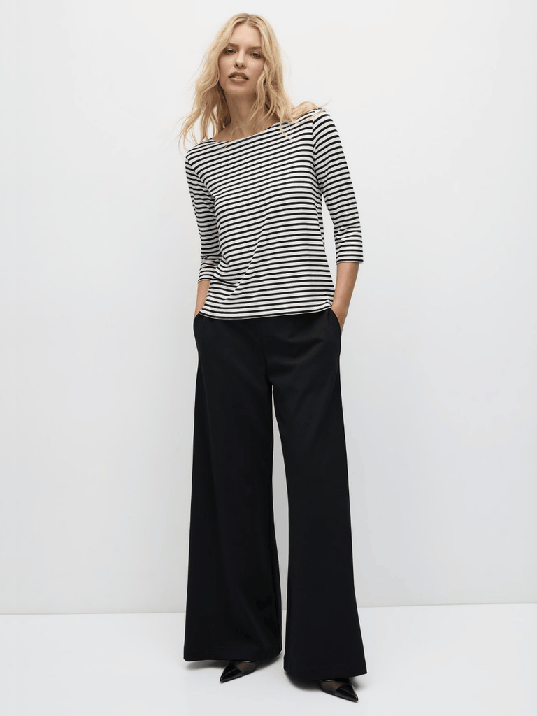 Mela Purdie 3/4 Sleeve Relaxed Boat Neck Top in Black and Vanilla Straw Stripe 2630 Mela Purdie Stockist Online Australia Signature of Double Bay Tops Dresses Elegant Clothing
