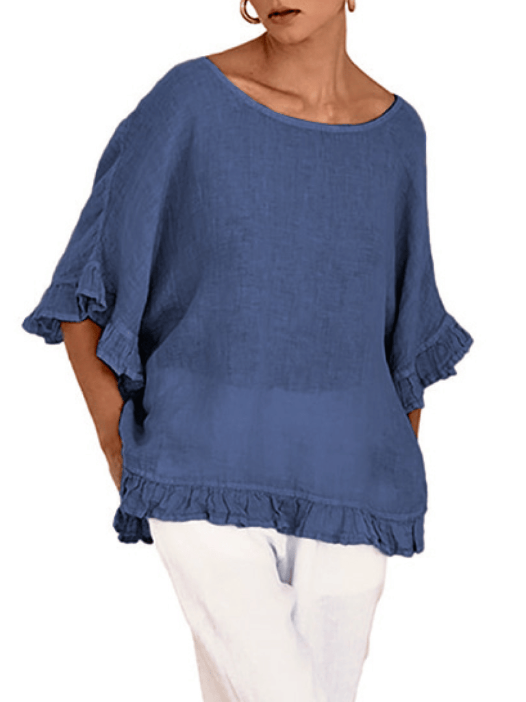 Haris Cotton Linen Gauze Blouse with Ruffles in Lapis Blue. Shop Haris Cotton Australia – Elegant linen clothing and sustainable european women’s fashion at Signature of Double Bay Sydney online and instore. shop natural linen dresses, white linen clothing and summer linen outfits in Sydney