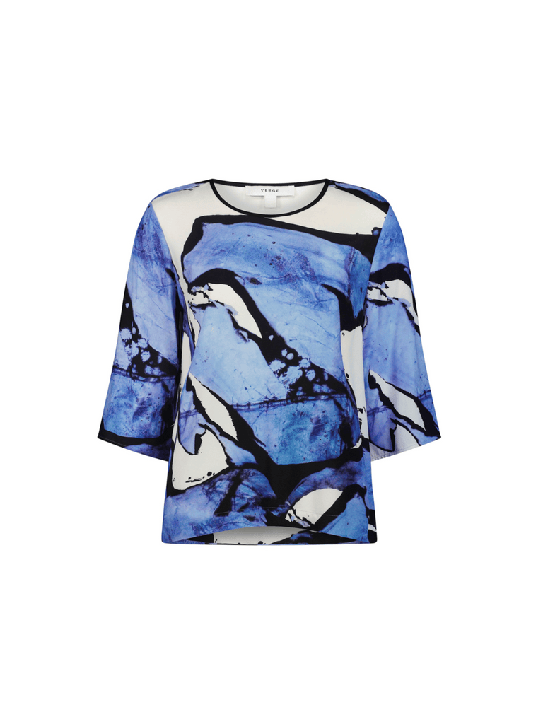 VERGE 3/4 Sleeve Linden Top in Abstract Blue Marble Print 8682 Verge Stockist Online Australia Signature of Double Bay Mature Fashion
