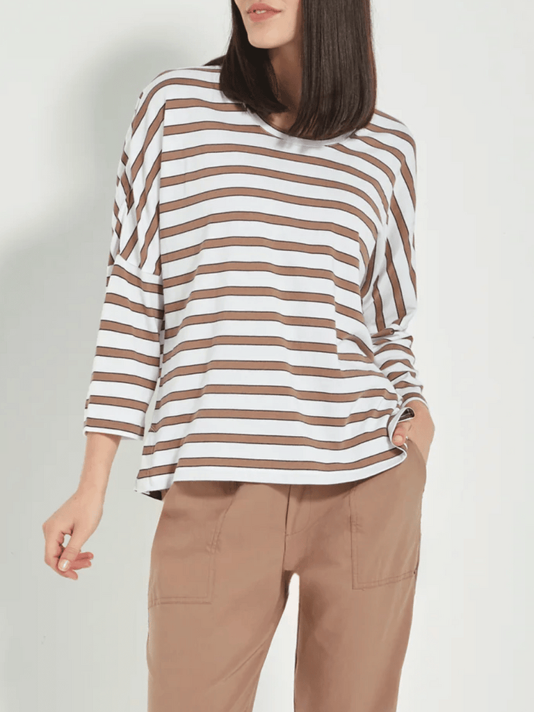 VERGE 3/4 Sleeve Relaxed Fit Sail Top in Brown and White Stripe Verge Stockist Online Australia Signature of Double Bay Mature Fashion Acrobat Flattering