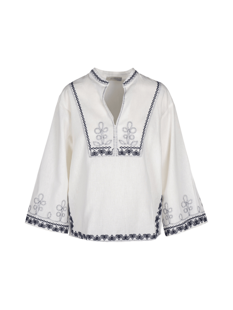 Astrid Long Sleeve Relaxed Embroidered Peace Blouse in White and Blue Astrid women’s clothing collection feminine, versatile style shop now at Signature of Double Bay Sydney Australia online stockist luxury womens fashion