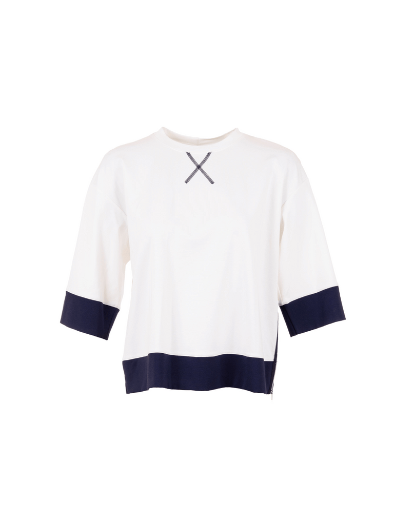 Peruzzi Contrast Zip Detail 3/4 Sleeve Top in Cream and Navy 25178 shop peruzzi, peruzzi fashion, peruzzi stockists, peruzzi stockists australia, peruzzi sydney, peruzzi womens clothing