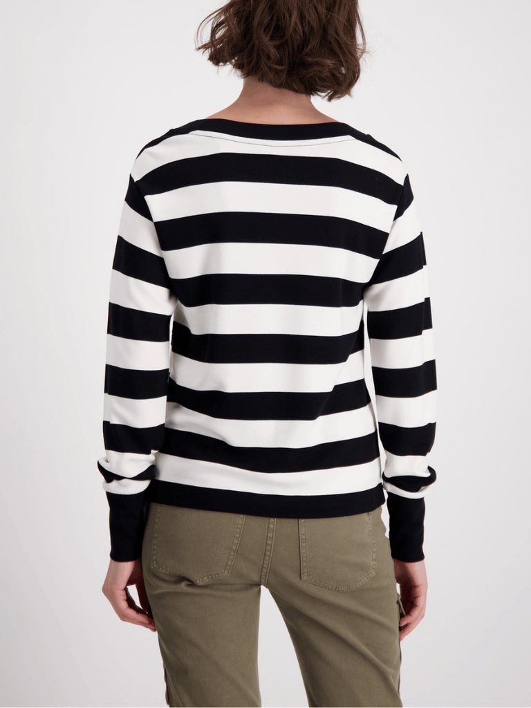 Monari Long Sleeve Sweatshirt with Sequin Highlights in Black and White Block Stripe Discover the Elegant Monari Collection at Signature of Double Bay, Shop Stylish Knitwear, Dresses, and Tops Online from Sydney's Premier Mature Fashion Boutique