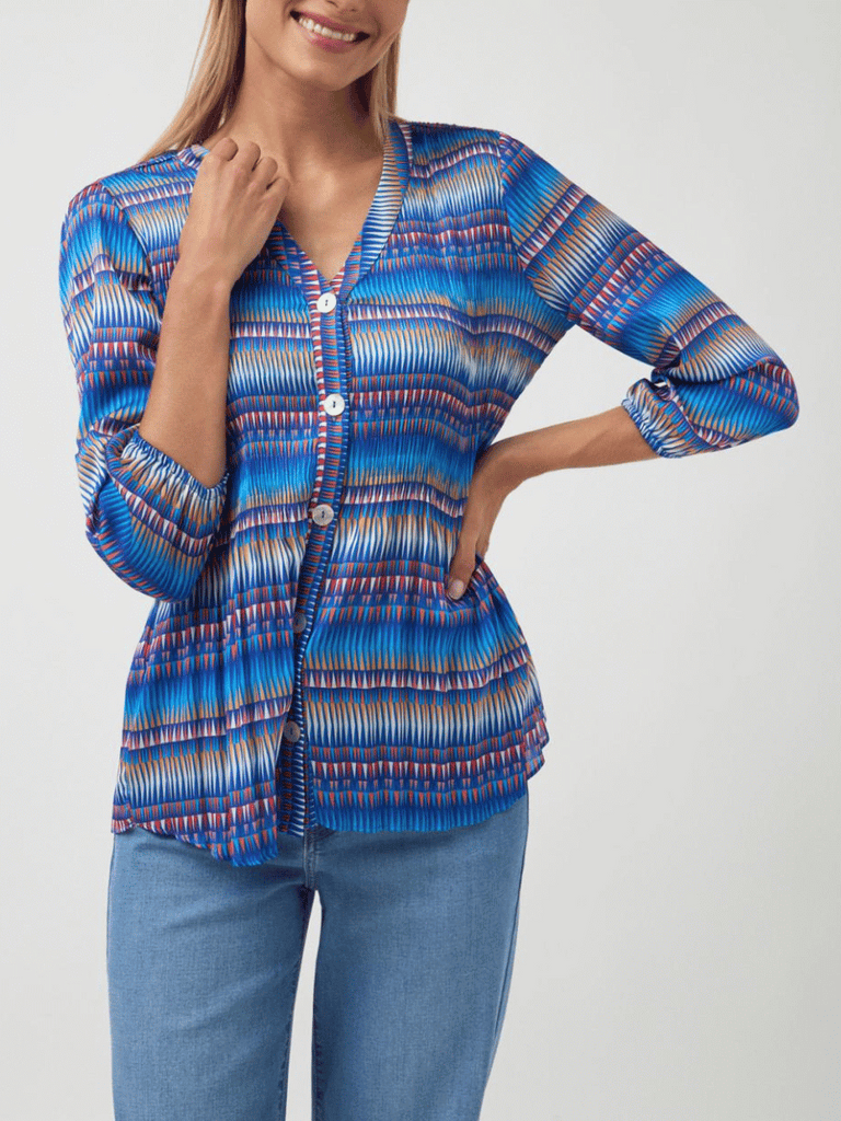Tinta and Bariloche Long Sleeve Relaxed Fit Encanto Blouse in Royal Blue Geometric Print Tinta and Bariloche online Australia Shop Tinta Bariloche shorts, dresses, tops online. Signature of Double Bay Fashion Tinta and Bariloche Online
