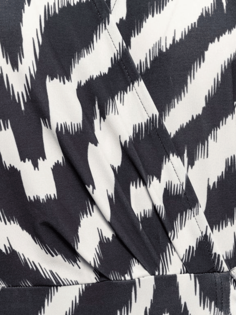 &Co Woman Netherlands V Neck Midi Lessy Dress in Black and Cream Ikat Print Online Stockist &co woman travel wear travel clothing online sydney australia lightweight easy care wardrobe essentials