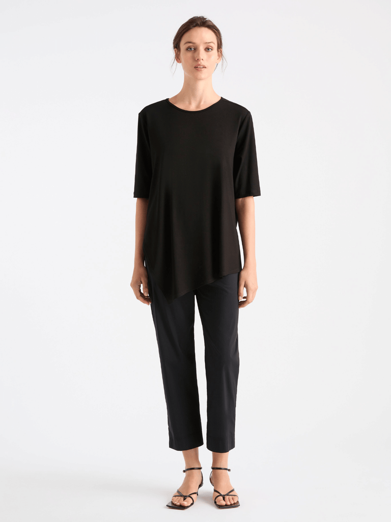 Mela Purdie Asymmetrical Hem Elbow Length Sleeve Side Slide Top Black 8374 Mela Purdie Stockist Online Australia Signature of Double Bay Tops Dresses Elegant Clothing