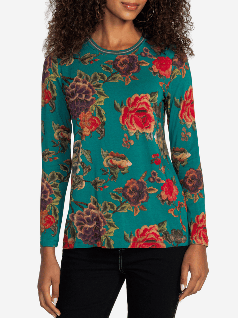 Johnny Was Janie Favourite Long Sleeve Crew Neck Tee in Zinnia Meadow Shop Johnny Was Stockist Sydney Australia Boho Chic Clothing, Embroidered Dresses, and Unique Tops at Signature of Double Bay