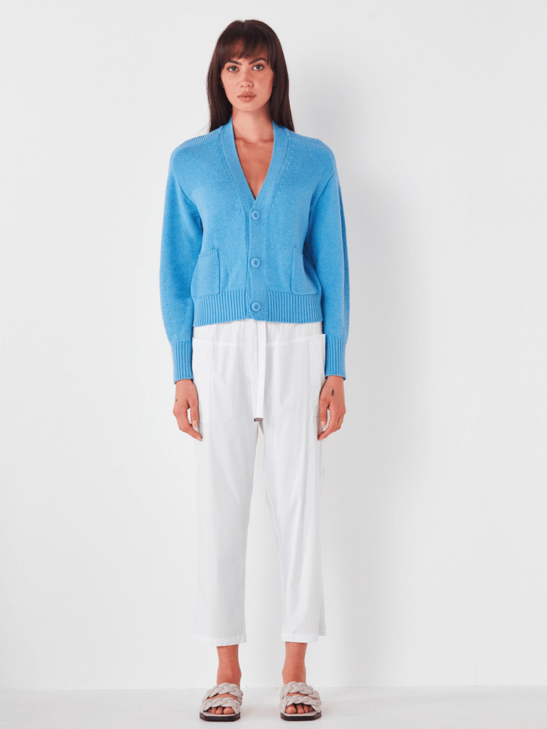 VERGE Long Sleeve Chunky Knit Colette Cardigan in Ocean Blue Marle 8721 Verge Stockist Online Australia Signature of Double Bay Mature Fashion Acrobat Flattering