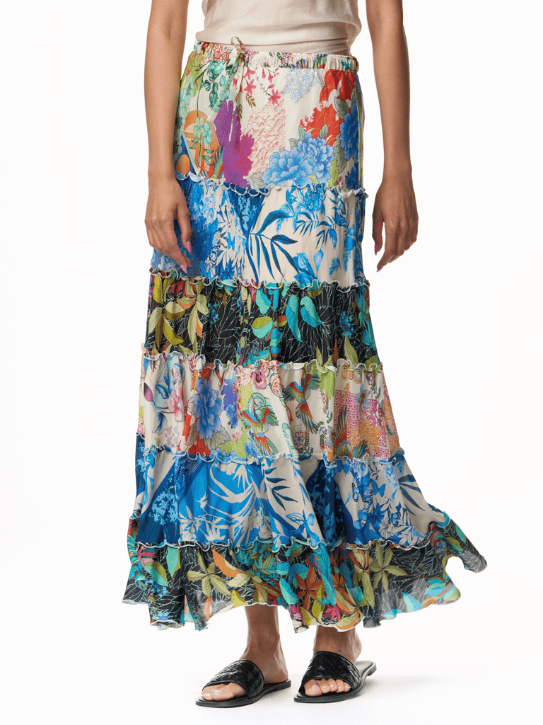 Johnny Was Sebrina Lined Tiered Skirt in McDreamer Floral Print Shop Johnny Was Stockist Sydney Australia Boho Chic Clothing, Embroidered Dresses, and Unique Tops at Signature of Double Bay