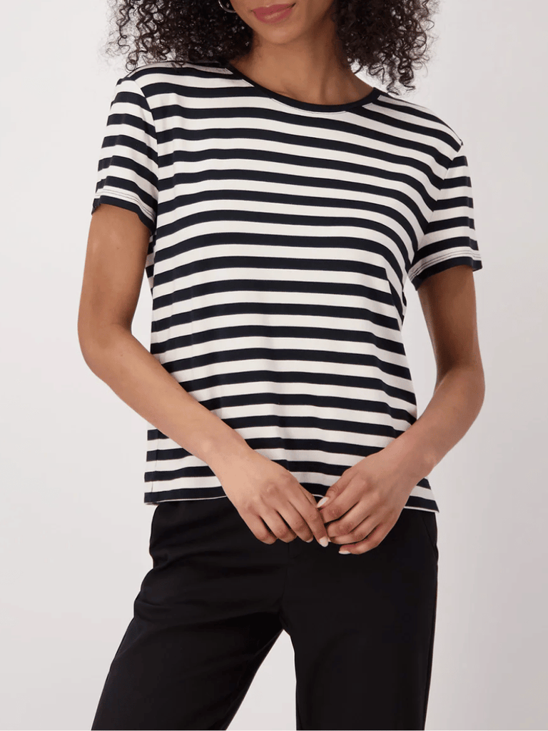 Monari Short Sleeve Round Neck Stripe T-Shirt in Black and White Discover the Elegant Monari Collection at Signature of Double Bay, Shop Stylish Knitwear, Dresses, and Tops Online from Sydney's Premier Mature Fashion Boutique
