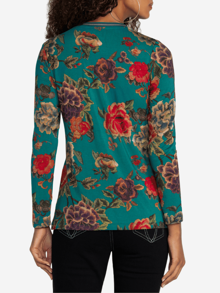 Johnny Was Janie Favourite Long Sleeve Crew Neck Tee in Zinnia Meadow Shop Johnny Was Stockist Sydney Australia Boho Chic Clothing, Embroidered Dresses, and Unique Tops at Signature of Double Bay