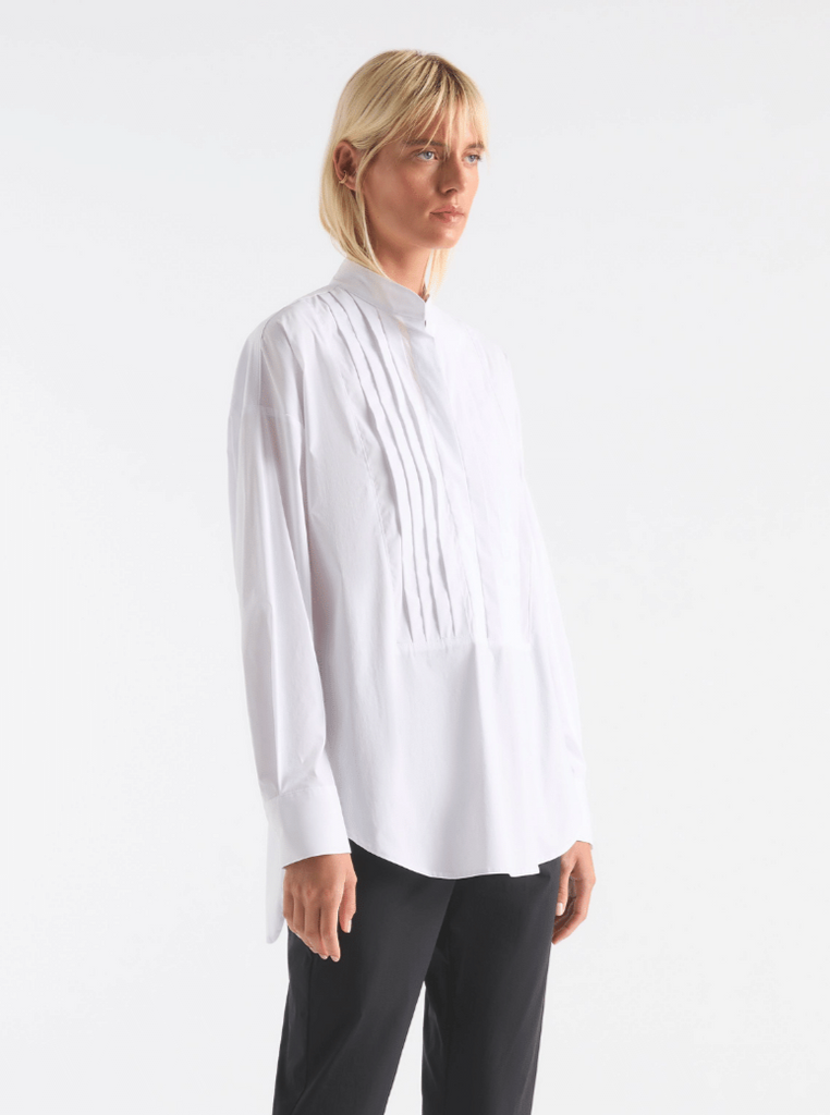 Mela Purdie Tux Shirt in White 8240 Effortless, Modern Style relaxed oversized shirt modern high low curved hemline Mela Purdie Stockist Online Australia Signature of Double Bay