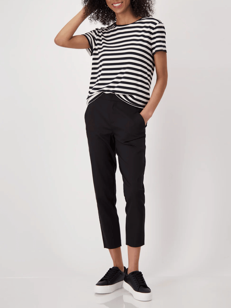 Monari Short Sleeve Round Neck Stripe T-Shirt in Black and White Discover the Elegant Monari Collection at Signature of Double Bay, Shop Stylish Knitwear, Dresses, and Tops Online from Sydney's Premier Mature Fashion Boutique