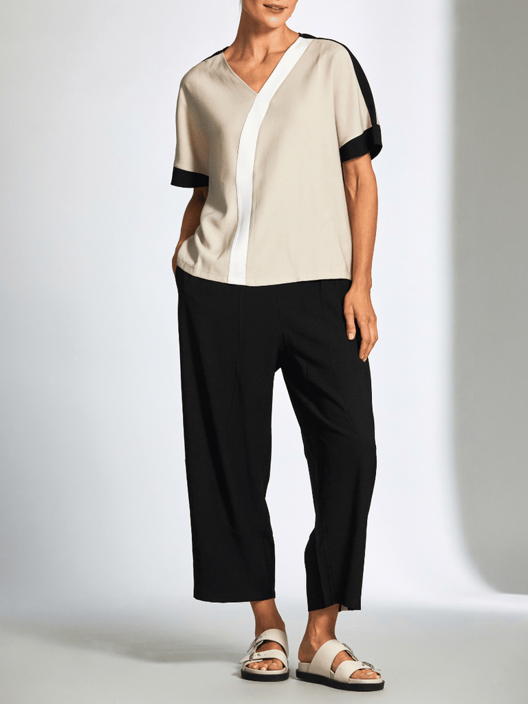 Peruzzi 3 Tone Curve Top in Ecru, Cream, and Black 25161 shop peruzzi, peruzzi fashion, peruzzi stockists, peruzzi stockists australia, peruzzi sydney, peruzzi womens clothing