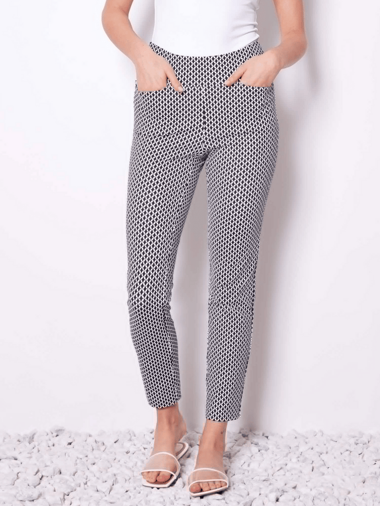 UP! PANTS Tummy Control Soft Stream Ankle Pant 28" in Black & White Toulouse Print Up Pants Tummy control stockist online Australia flattering body contouring shaping pants high rise waistband signature of double bay Sydney fashion