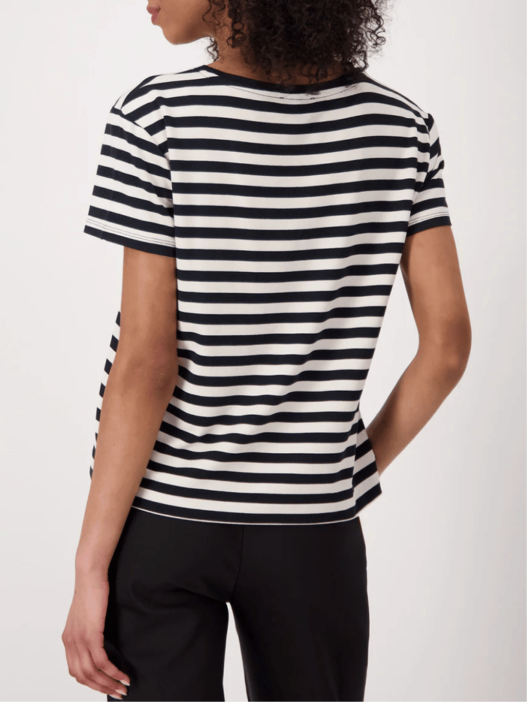 Monari Short Sleeve Round Neck Stripe T-Shirt in Black and White Discover the Elegant Monari Collection at Signature of Double Bay, Shop Stylish Knitwear, Dresses, and Tops Online from Sydney's Premier Mature Fashion Boutique