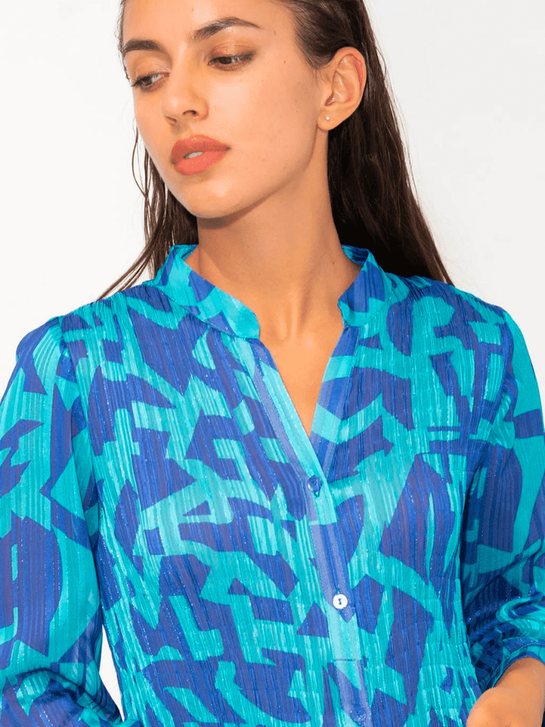 Tinta & Bariloche 3/4 Cuffed Sleeve Nube Printed V-Neck Blouse in Turquoise Tinta and Bariloche online Australia Shop Tinta Bariloche shorts, dresses, tops online. Signature of Double Bay Fashion Tinta and Bariloche Online
