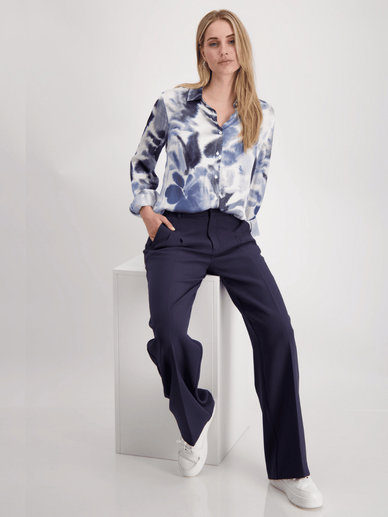 Monari Classic Collared Shirt in Moonlight Blue Print Discover the Elegant Monari Collection at Signature of Double Bay, Shop Stylish Knitwear, Dresses, and Tops Online from Sydney's Premier Mature Fashion Boutique