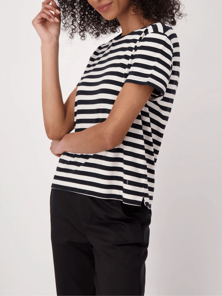 Monari Short Sleeve Round Neck Stripe T-Shirt in Black and White Discover the Elegant Monari Collection at Signature of Double Bay, Shop Stylish Knitwear, Dresses, and Tops Online from Sydney's Premier Mature Fashion Boutique