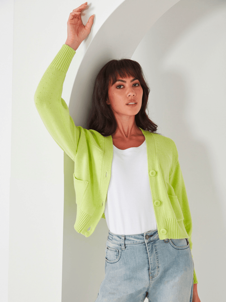 Verge Stockist Online Australia Signature of Double Bay Mature Fashion Acrobat Flattering VERGE Long Sleeve Chunky Knit Colette Cardigan in Lime Green 8721