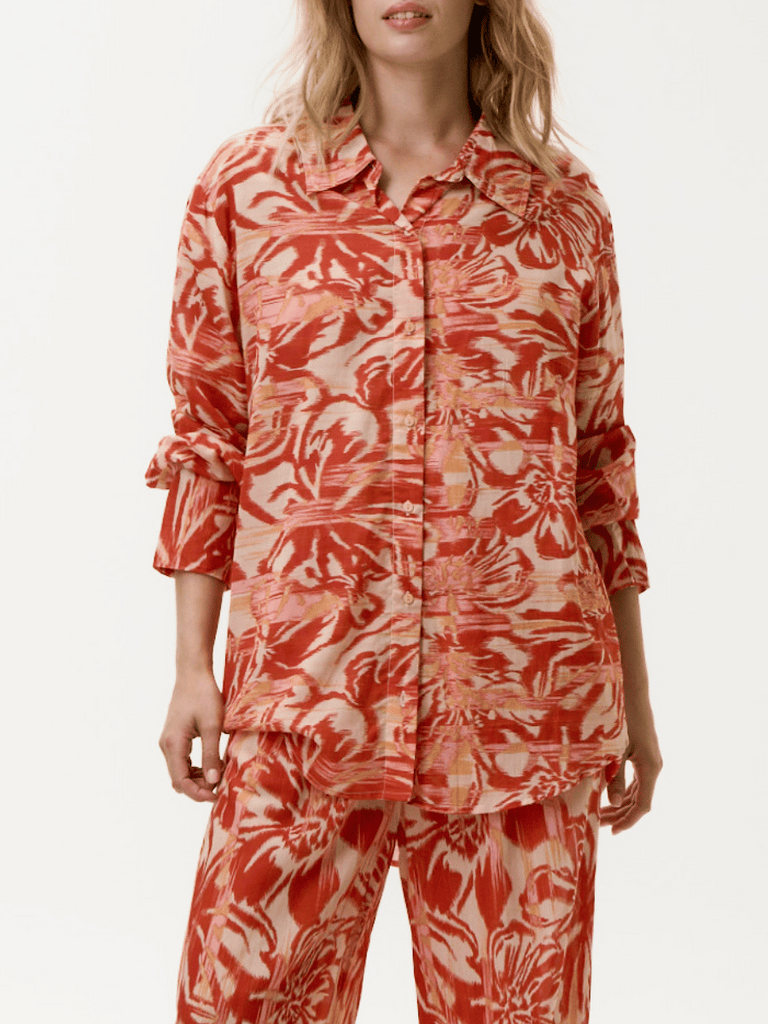 Oneseason Long Sleeve Button Front Claudia Shirt in Red and Orange Print Oneseason One Season lightweight and stylish resort wear Australian fashion label official stockist Signature of Double Bay