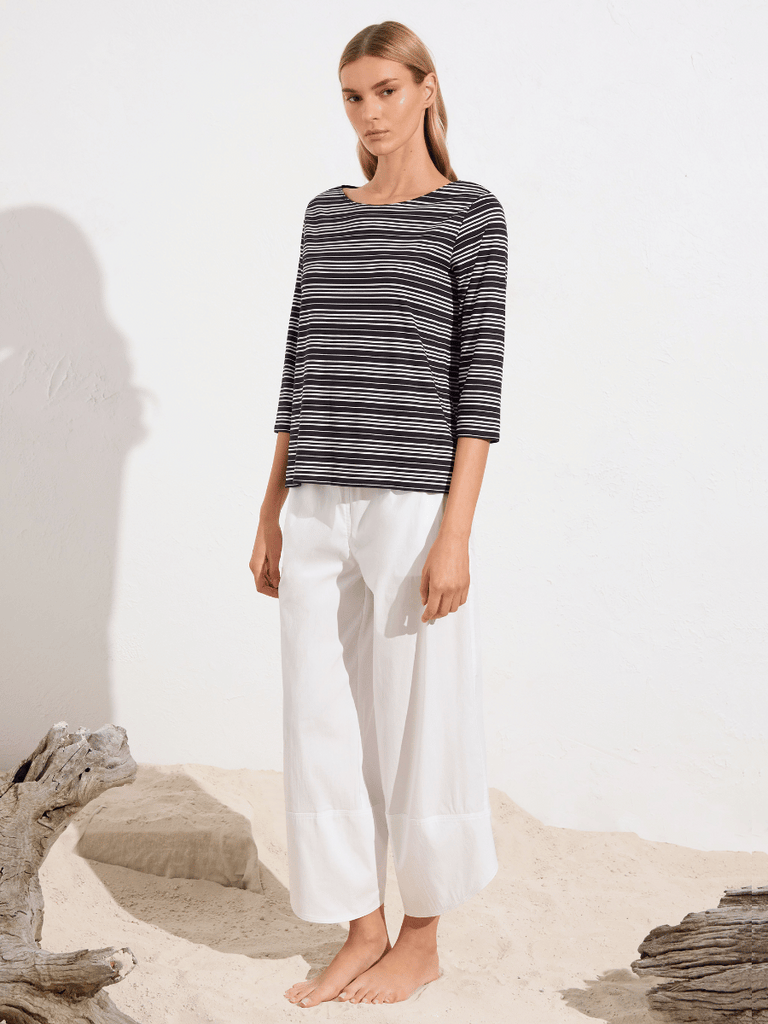 Mela Purdie 3/4 Sleeve Relaxed Boat Neck Top in White and Navy Nautica Stripe 2630 Mela Purdie Stockist Online Australia Signature of Double Bay Tops Dresses Elegant Clothing