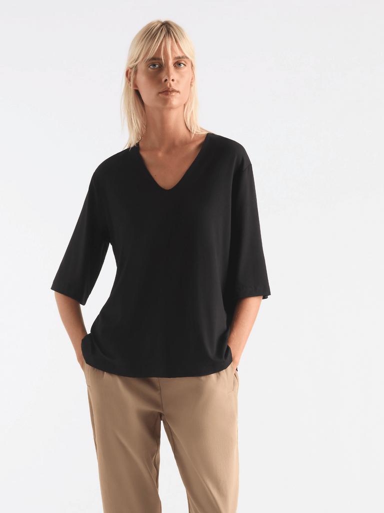 Mela Purdie V Stretch Plaza Top in Black 8323 Effortless Style and Relaxed Fit Top with elbow length sleeves Mela Purdie Stockist Online Sydney Australia