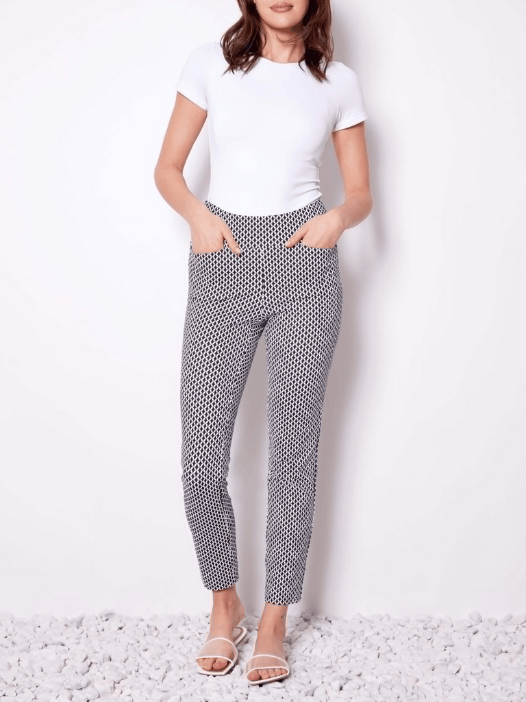 UP! PANTS Tummy Control Soft Stream Ankle Pant 28" in Black & White Toulouse Print Up Pants Tummy control stockist online Australia flattering body contouring shaping pants high rise waistband signature of double bay Sydney fashion