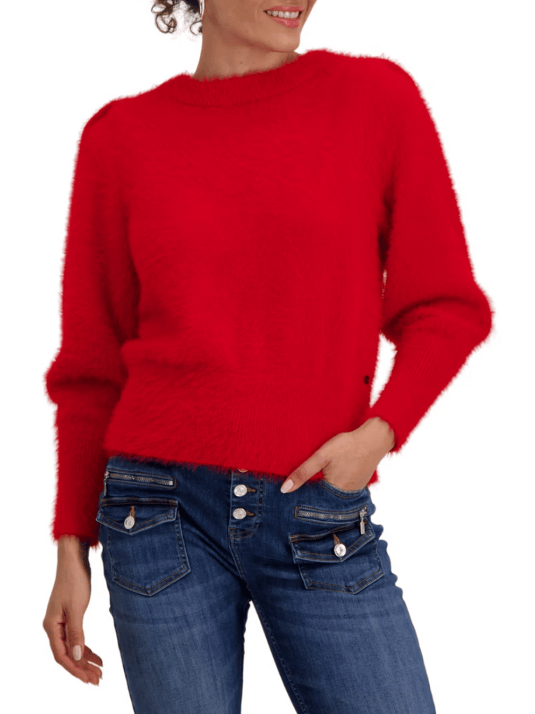 Monari Long Sleeve Eyelash Knit Fleecy Pullover in Deep Red Discover the Elegant Monari Collection at Signature of Double Bay, Shop Stylish Knitwear, Dresses, and Tops Online from Sydney's Premier Mature Fashion Boutique