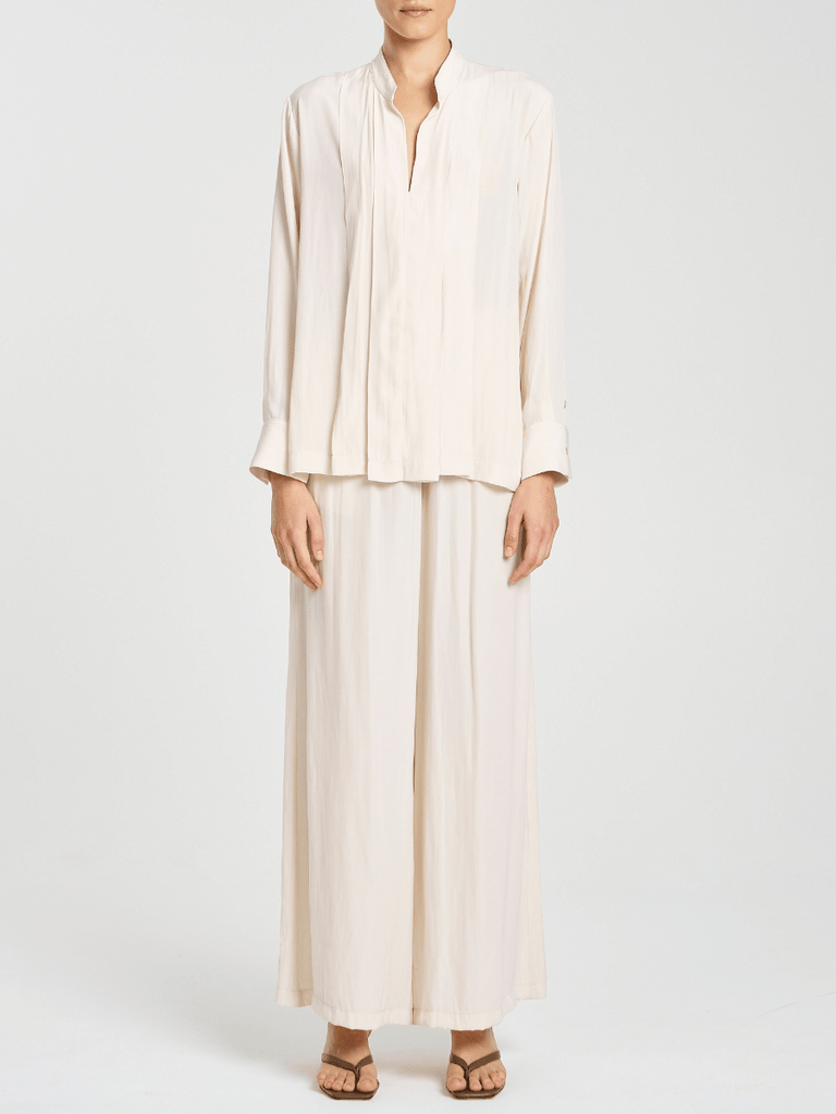 Mela Purdie Pleat Front Fan Blouse with Stand Collar in Meringue Beige 8728 Mela Purdie Stockist Online Australia Signature of Double Bay Tops Dresses Elegant Clothing